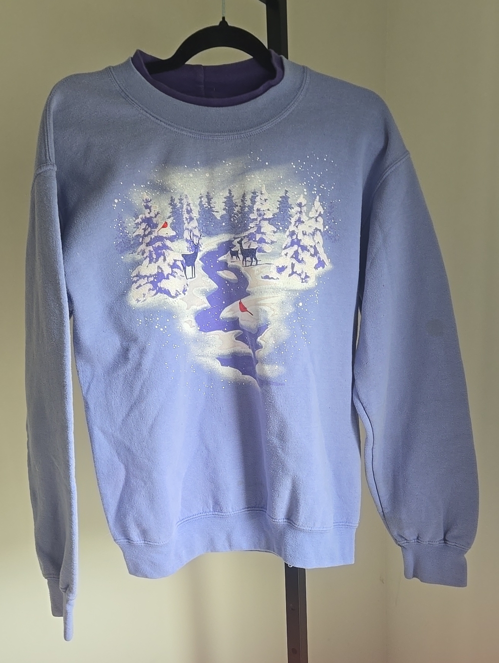 Artisan Crewneck Sweatshirt with Winter Woodland Deer And Bird Print Size:Small
